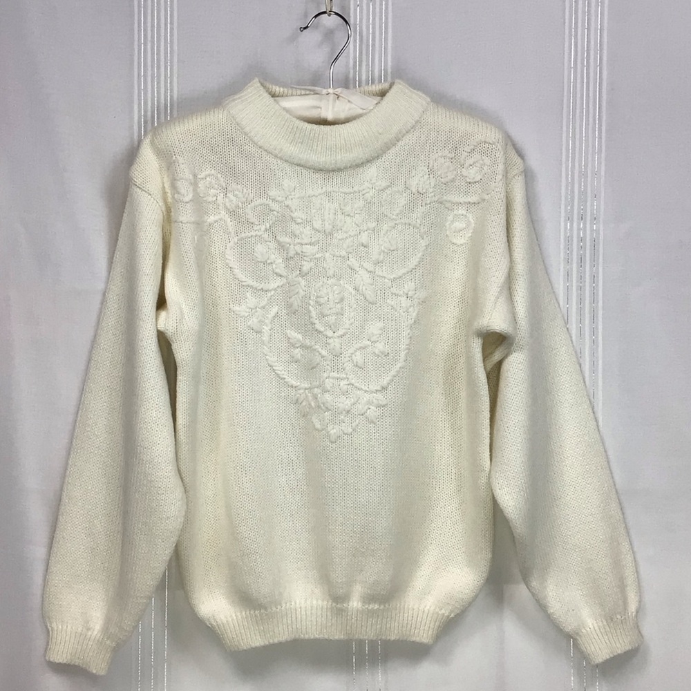 Vintage Cariage Court Cream Mock-neck Embroidered Knit Sweater Sz.S